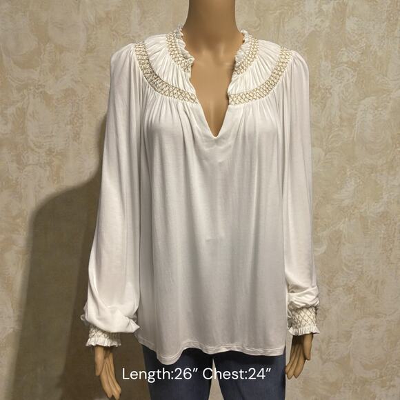 Boden Tops - Boden Smocked Yoke Metallic Top size 14 cream and gold